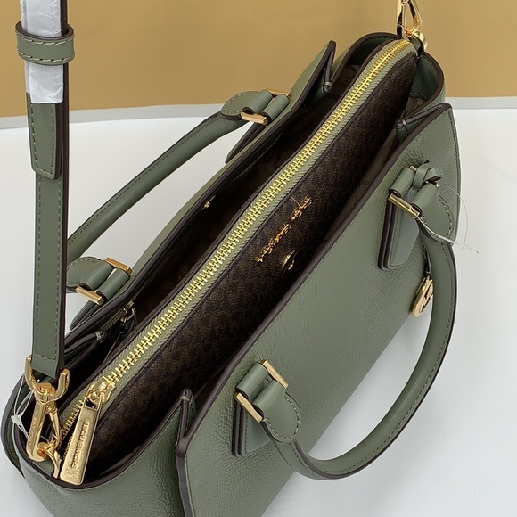 MICHAEL KORS DARIA LARGE SATCHEL ARMY GREEN COLOR/BROWN SIGNATURE - Picture 10 of 15